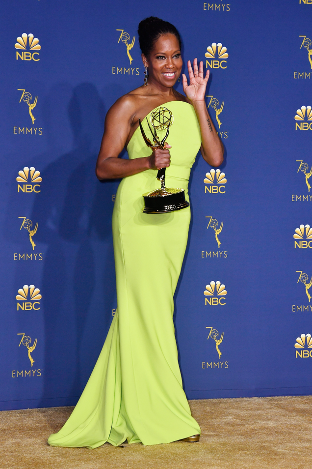 Regina King wears custom Christian Siriano to accept Outstanding Lead Actress in a Limited Series or Movie during the 70th Emmy Awards on September 17, 2018 in Los Angeles, California.